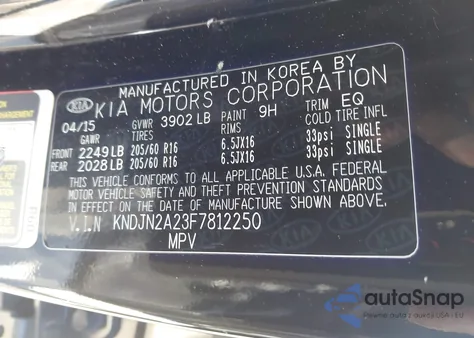 2015 Kia Soul из США, поврежденный, VIN KNDJN2A23F7812250